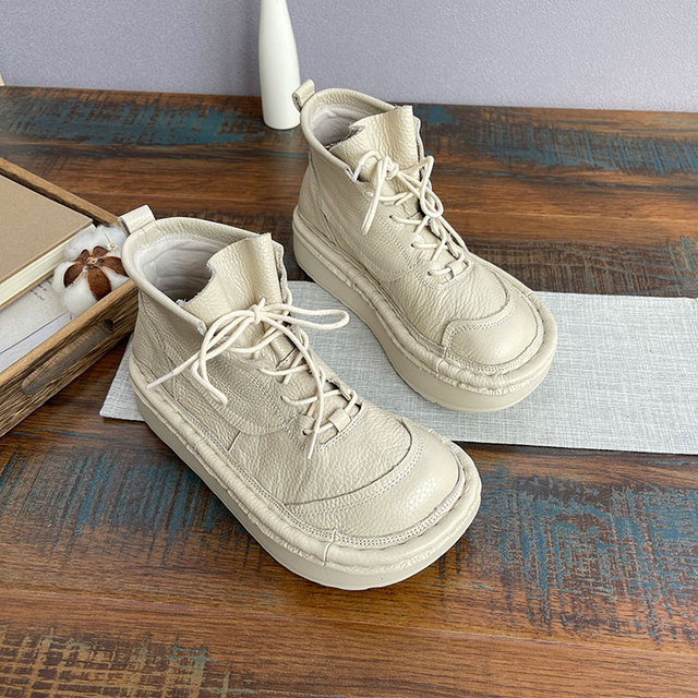 Oryginalne skórzane buty damskie z grubymi podeszwami i zasznurowanym paskiem - Wianko - 25
