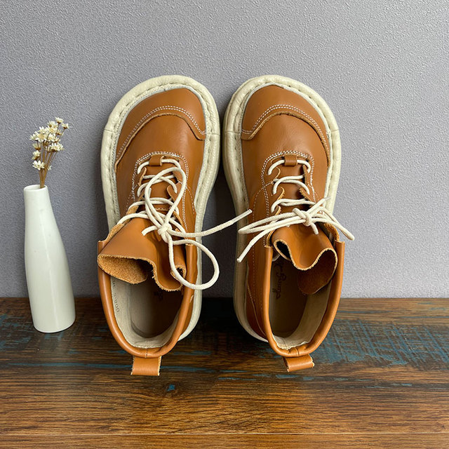 Oryginalne skórzane buty damskie z grubymi podeszwami i zasznurowanym paskiem - Wianko - 35