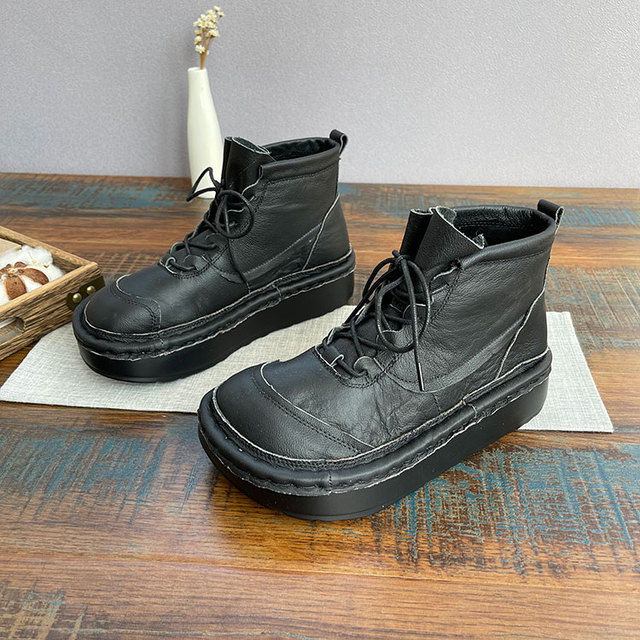 Oryginalne skórzane buty damskie z grubymi podeszwami i zasznurowanym paskiem - Wianko - 15