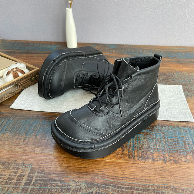 Oryginalne skórzane buty damskie z grubymi podeszwami i zasznurowanym paskiem - Wianko - 17