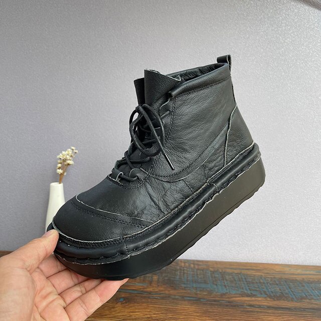 Oryginalne skórzane buty damskie z grubymi podeszwami i zasznurowanym paskiem - Wianko - 5