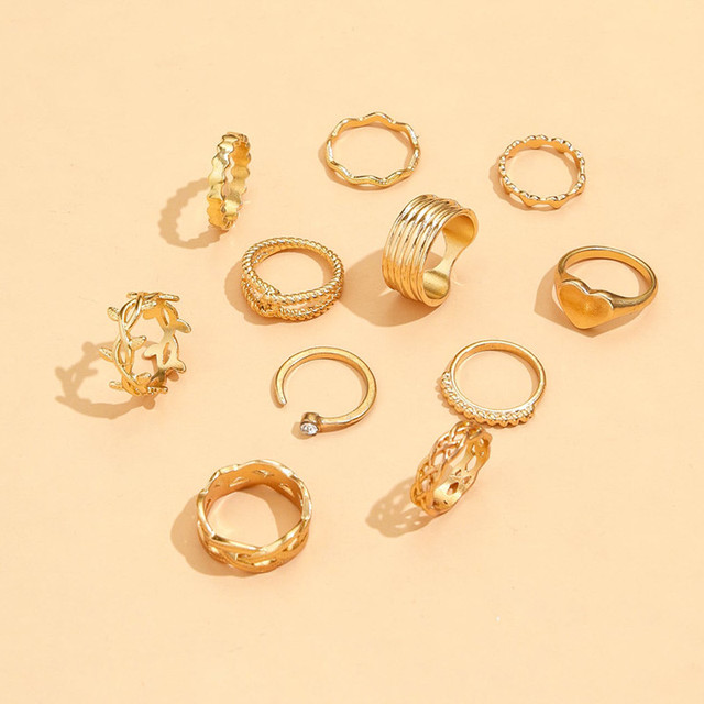 Zestaw 11 pierścieni Vintage z sercem i liściem, kolor złoty, z geometrycznymi kryształkami - biżuteria dla kobiet - Wianko - 4