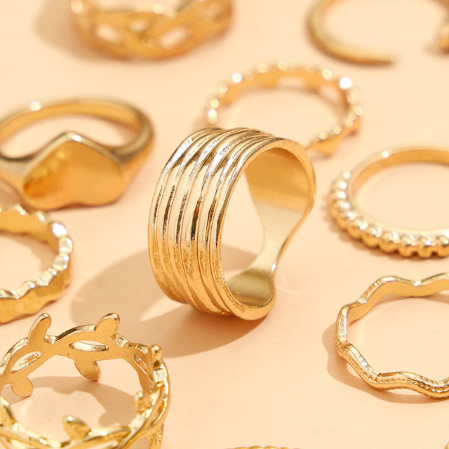 Zestaw 11 pierścieni Vintage z sercem i liściem, kolor złoty, z geometrycznymi kryształkami - biżuteria dla kobiet - Wianko - 2