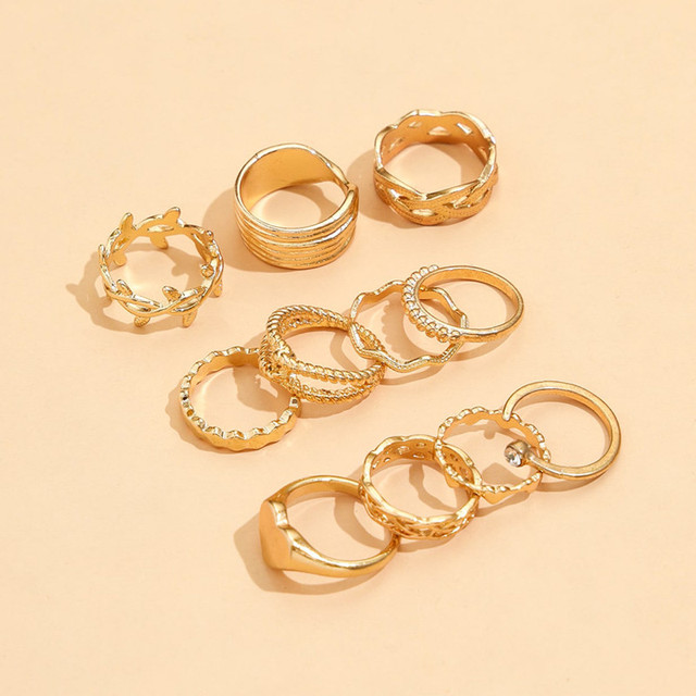 Zestaw 11 pierścieni Vintage z sercem i liściem, kolor złoty, z geometrycznymi kryształkami - biżuteria dla kobiet - Wianko - 3