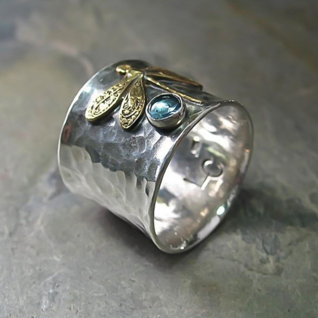 Pierścień na palec klasycznego designu, srebrny kolor, wysadzany niebieskim kryształem w wzór ważki o naturalnym stylu - Wianko - 3