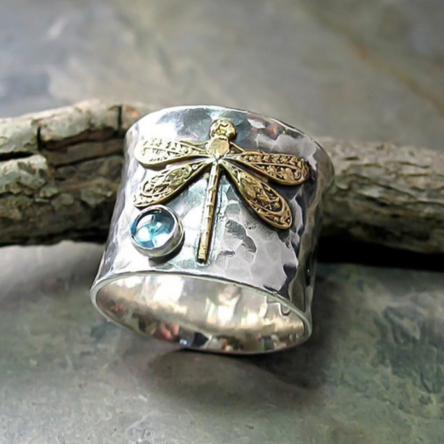 Pierścień na palec klasycznego designu, srebrny kolor, wysadzany niebieskim kryształem w wzór ważki o naturalnym stylu - Wianko - 2