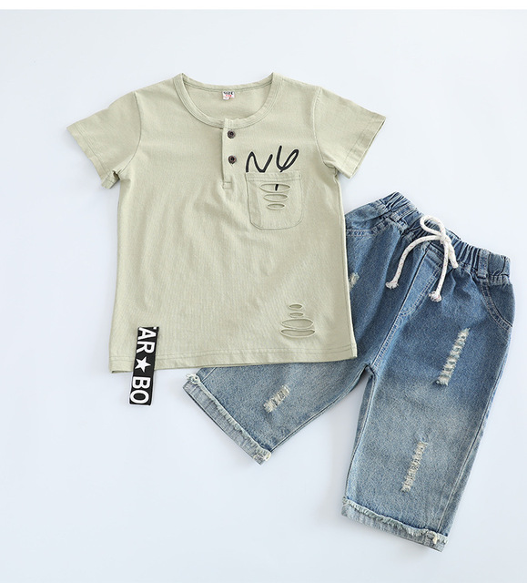 Zestaw ubrań dla chłopców na lato 2019: T-shirt z krótkim rękawem i niebieskie spodnie jeansowe - Wianko - 2