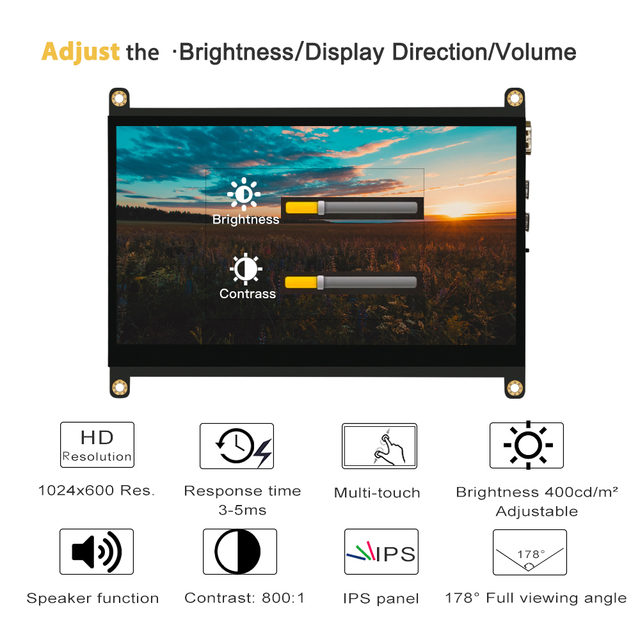 Monitor LCD 7 cali z technologią IPS, dotykowy, HD 1024X600 z głośnikami stereo, pojemnościowy, kompatybilny z Raspberry Pi 4 - Wianko - 2