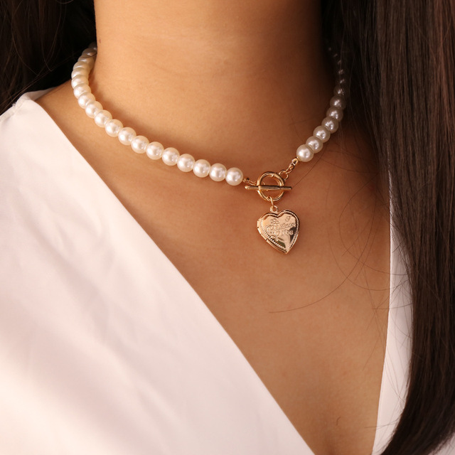 Naszyjnik z wisiorkiem DIEZI imitacja pereł, łańcuszek do obojczyka, serce, biżuteria moda, damskie, oświadczenie party - Wianko - 1