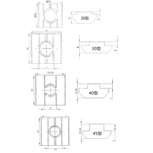 Nakrętki T blok kwadratowe, przesuwne młotek, do zapięcia w profilach aluminiowych dla drukarek 3D - 20 szt./partia (2020 M3 M4 M5 M6) - Wianko - 1