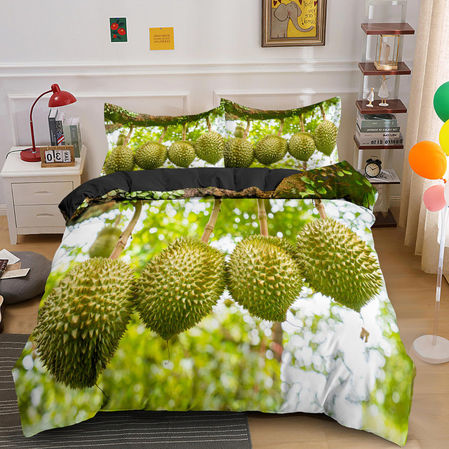 Zestaw pościeli z motywem owoców tropikalnych Durian, 2/3 sztuki, pojedyncze/podwójne/król/królowa, kołdra i poszewka na poduszkę, zmywalne - Wianko - 5