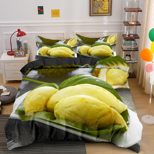 Zestaw pościeli z motywem owoców tropikalnych Durian, 2/3 sztuki, pojedyncze/podwójne/król/królowa, kołdra i poszewka na poduszkę, zmywalne - Wianko - 2