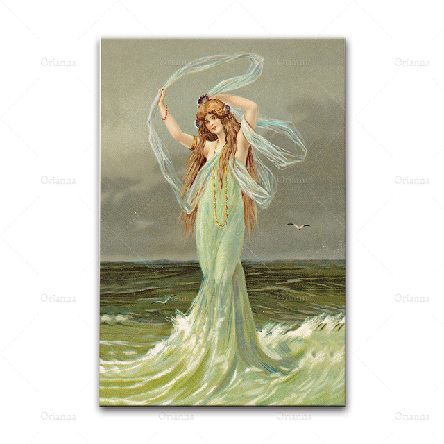 Nimfa syrenka na tle oceanu - plakat vintage z motywem nautycznym, idealny do dekoracji ścian w stylu boho - Wianko - 7