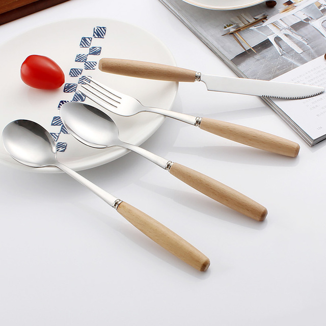 Drewniany zestaw obiadowy ze stali nierdzewnej - widelec, nóż i łyżka - Wianko - 6