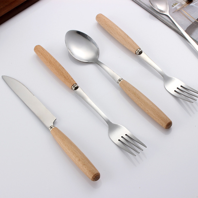 Drewniany zestaw obiadowy ze stali nierdzewnej - widelec, nóż i łyżka - Wianko - 5