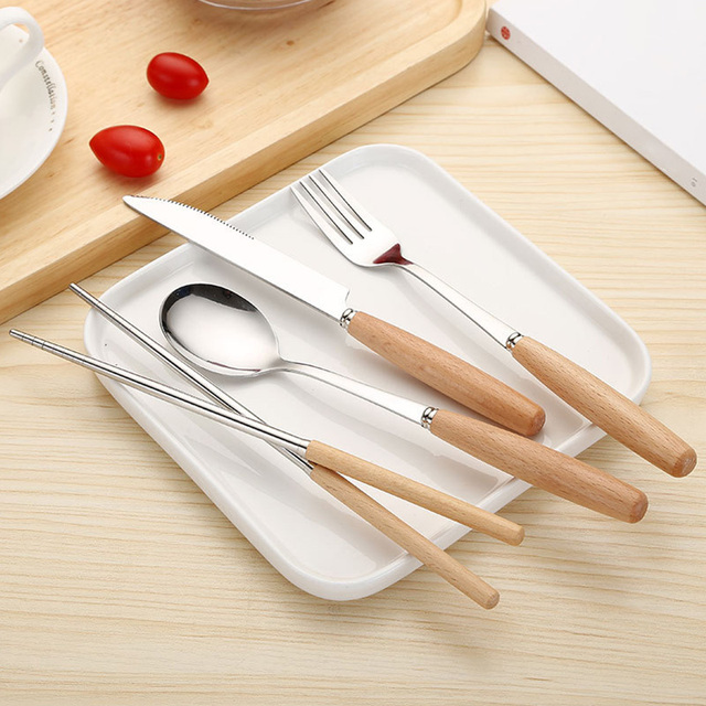 Drewniany zestaw obiadowy ze stali nierdzewnej - widelec, nóż i łyżka - Wianko - 7