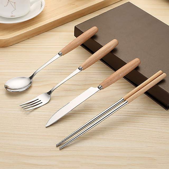 Drewniany zestaw obiadowy ze stali nierdzewnej - widelec, nóż i łyżka - Wianko - 8