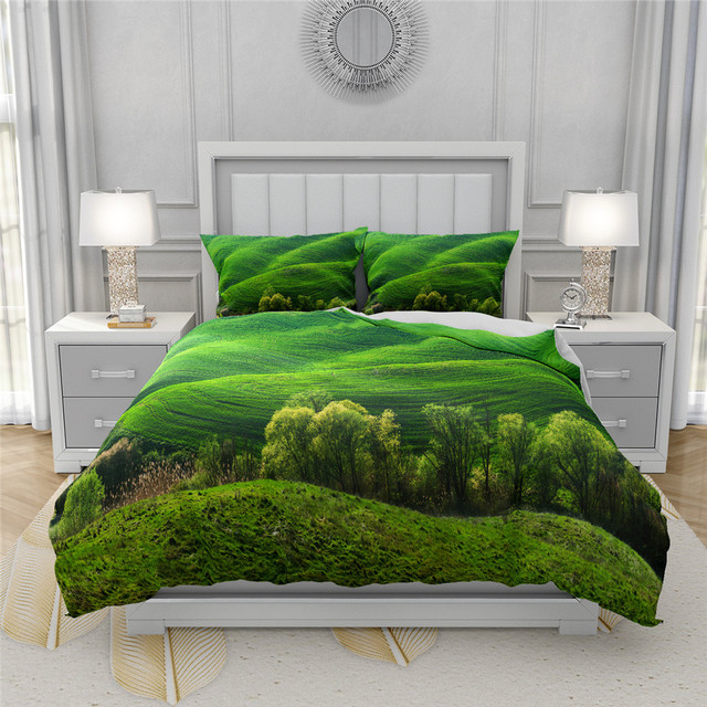 Zestaw poszewek zielonych dla królowej i podwójnego łóżka, 3D drukowane, naturalny wzór ze scenerią - Wianko - 8