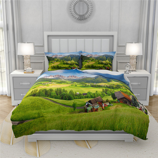 Zestaw poszewek zielonych dla królowej i podwójnego łóżka, 3D drukowane, naturalny wzór ze scenerią - Wianko - 4