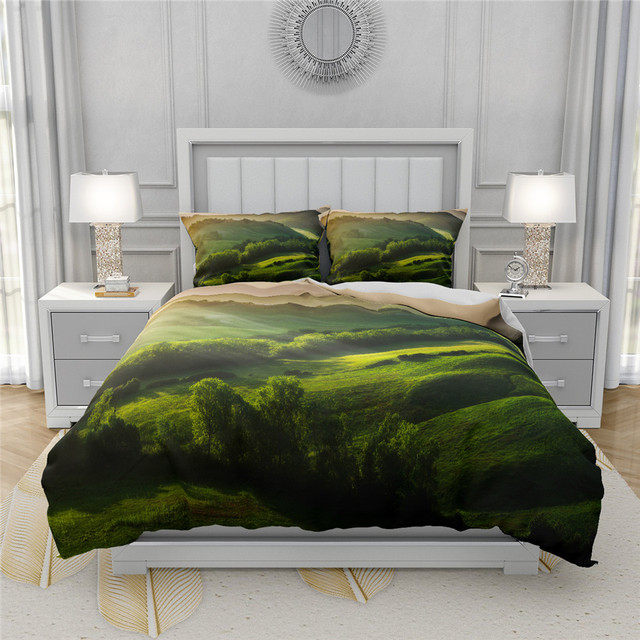 Zestaw poszewek zielonych dla królowej i podwójnego łóżka, 3D drukowane, naturalny wzór ze scenerią - Wianko - 24