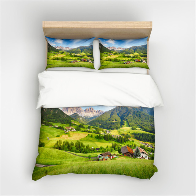 Zestaw poszewek zielonych dla królowej i podwójnego łóżka, 3D drukowane, naturalny wzór ze scenerią - Wianko - 5