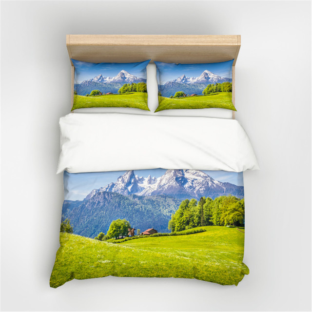 Zestaw poszewek zielonych dla królowej i podwójnego łóżka, 3D drukowane, naturalny wzór ze scenerią - Wianko - 7