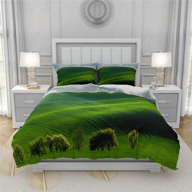 Zestaw poszewek zielonych dla królowej i podwójnego łóżka, 3D drukowane, naturalny wzór ze scenerią - Wianko - 18
