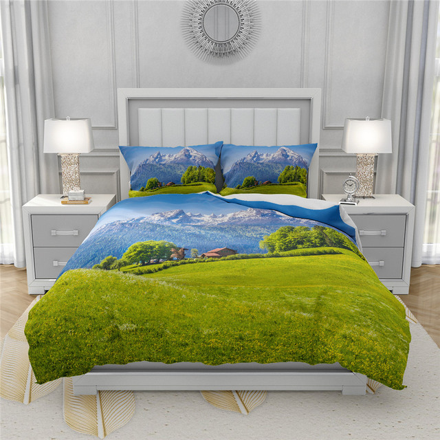 Zestaw poszewek zielonych dla królowej i podwójnego łóżka, 3D drukowane, naturalny wzór ze scenerią - Wianko - 6