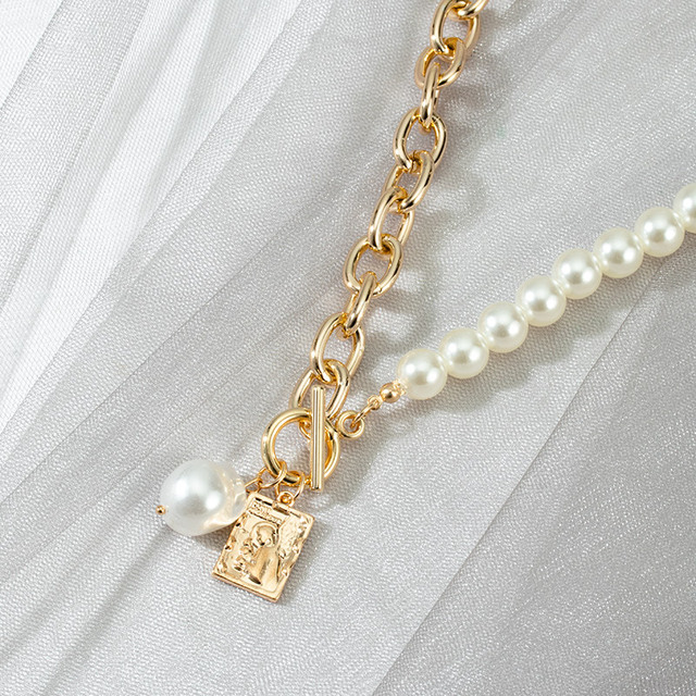Naszyjnik w stylu vintage z perłami i łańcuszkiem - modny, gruby zamek metalowy - 2021 trend damska biżuteria - Wianko - 11