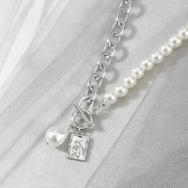 Naszyjnik w stylu vintage z perłami i łańcuszkiem - modny, gruby zamek metalowy - 2021 trend damska biżuteria - Wianko - 10