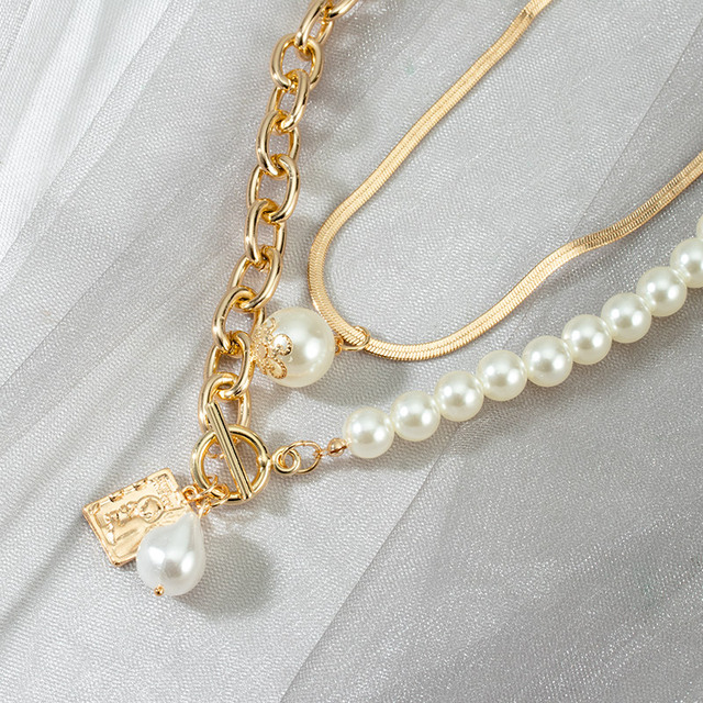 Naszyjnik w stylu vintage z perłami i łańcuszkiem - modny, gruby zamek metalowy - 2021 trend damska biżuteria - Wianko - 13