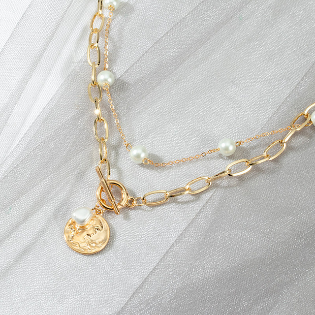 Naszyjnik w stylu vintage z perłami i łańcuszkiem - modny, gruby zamek metalowy - 2021 trend damska biżuteria - Wianko - 7