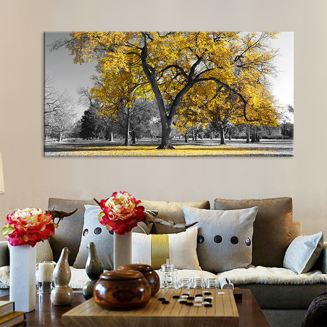 Malarstwo dekoracyjne Żółte drzewo pejzaż - Obraz olejny do przedpokoju salonu Cuadros Decoracion - Wianko - 5