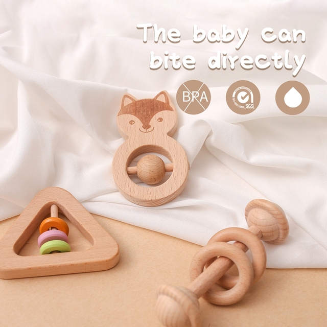 Zestaw 3 drewnianych grzechotek zwierzątko – zabawki BPA bezpłatne, drewniane pierścienie dla gryzoni, siłownia mobilna dla dzieci, grzechotki edukacyjne dla noworodków - Wianko - 3
