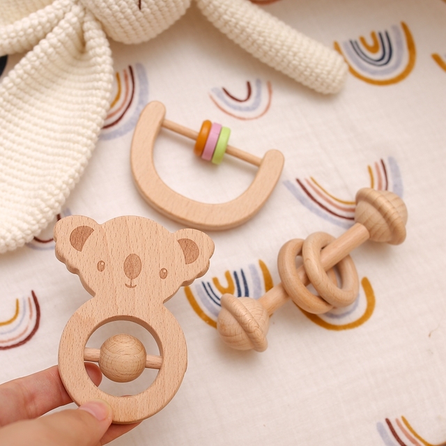 Zestaw 3 drewnianych grzechotek zwierzątko – zabawki BPA bezpłatne, drewniane pierścienie dla gryzoni, siłownia mobilna dla dzieci, grzechotki edukacyjne dla noworodków - Wianko - 7