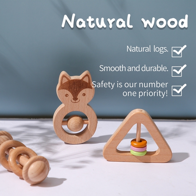 Zestaw 3 drewnianych grzechotek zwierzątko – zabawki BPA bezpłatne, drewniane pierścienie dla gryzoni, siłownia mobilna dla dzieci, grzechotki edukacyjne dla noworodków - Wianko - 5