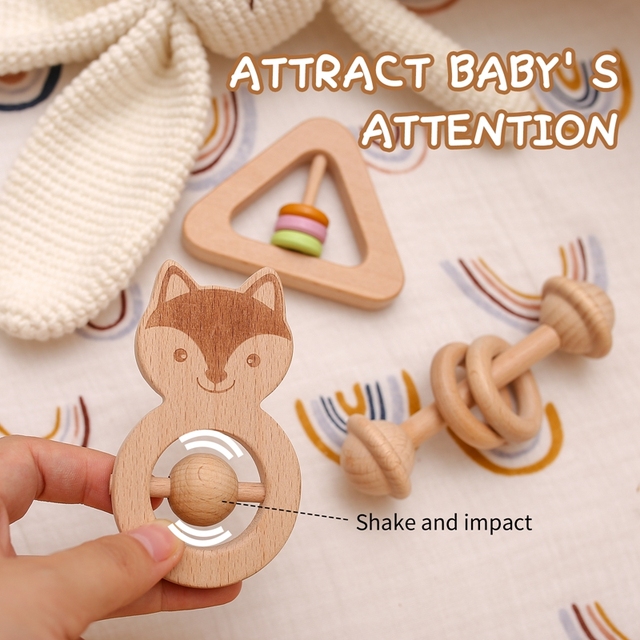 Zestaw 3 drewnianych grzechotek zwierzątko – zabawki BPA bezpłatne, drewniane pierścienie dla gryzoni, siłownia mobilna dla dzieci, grzechotki edukacyjne dla noworodków - Wianko - 4