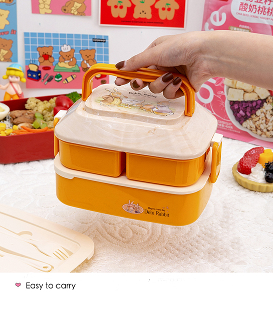 Pudełko na lunch dwuwarstwowe, styl japoński, z przegródkami, wykonane z tworzywa PP dla dzieci i studentów - Wianko - 7