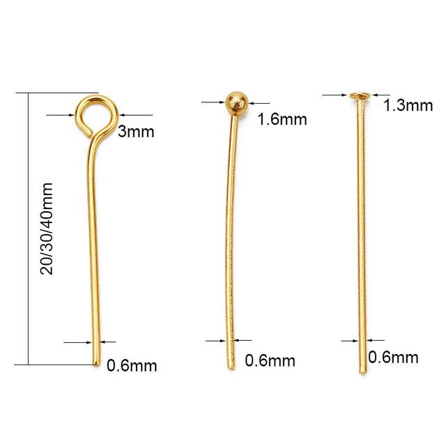 100 sztuk płaskie oko głowy Pins ze stali nierdzewnej 20mm 30mm 40mm złoty kolor Ball Bead Headpins - Wianko - 1