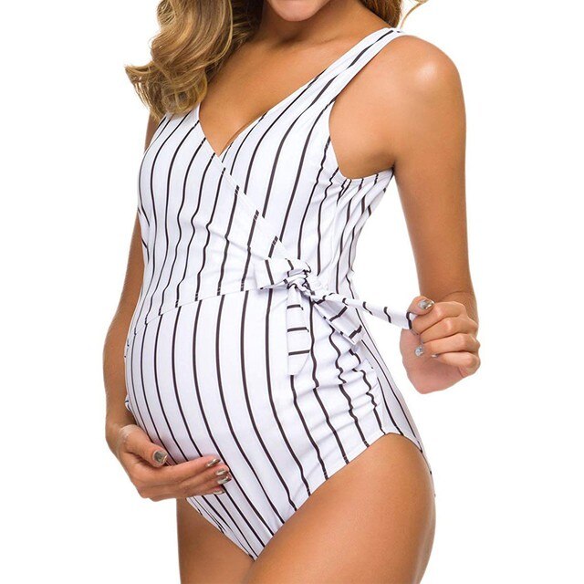 Drukowany w paski strój kąpielowy macierzyństwo w ciąży - Tankinis stripe bikini z falbankami - Plus size - Wianko - 8