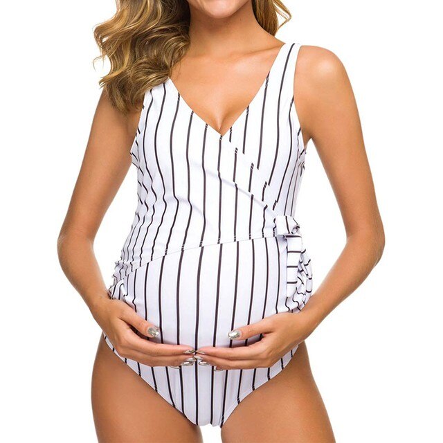 Drukowany w paski strój kąpielowy macierzyństwo w ciąży - Tankinis stripe bikini z falbankami - Plus size - Wianko - 5