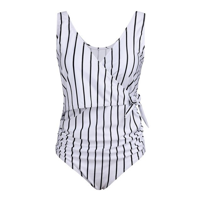Drukowany w paski strój kąpielowy macierzyństwo w ciąży - Tankinis stripe bikini z falbankami - Plus size - Wianko - 2
