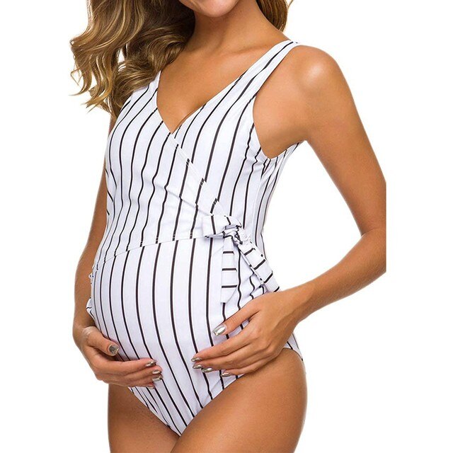 Drukowany w paski strój kąpielowy macierzyństwo w ciąży - Tankinis stripe bikini z falbankami - Plus size - Wianko - 7