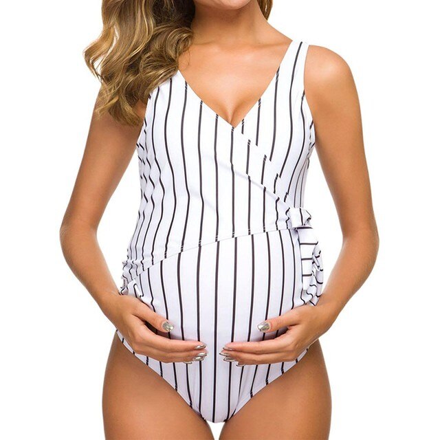 Drukowany w paski strój kąpielowy macierzyństwo w ciąży - Tankinis stripe bikini z falbankami - Plus size - Wianko - 4