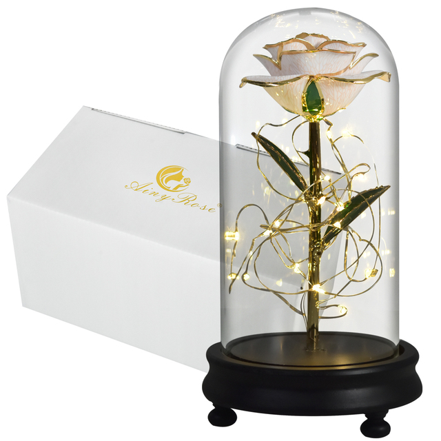 Pozłacany sztuczny kwiat Piękno i Bestia z 24K różą LED w szklanej kopule - prezent na walentynki, ślub, Dzień Matki - Wianko - 8
