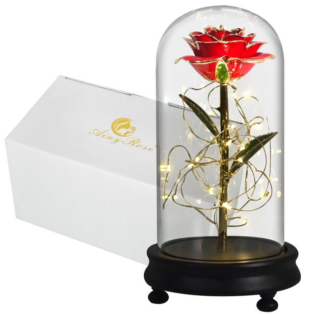 Pozłacany sztuczny kwiat Piękno i Bestia z 24K różą LED w szklanej kopule - prezent na walentynki, ślub, Dzień Matki - Wianko - 5
