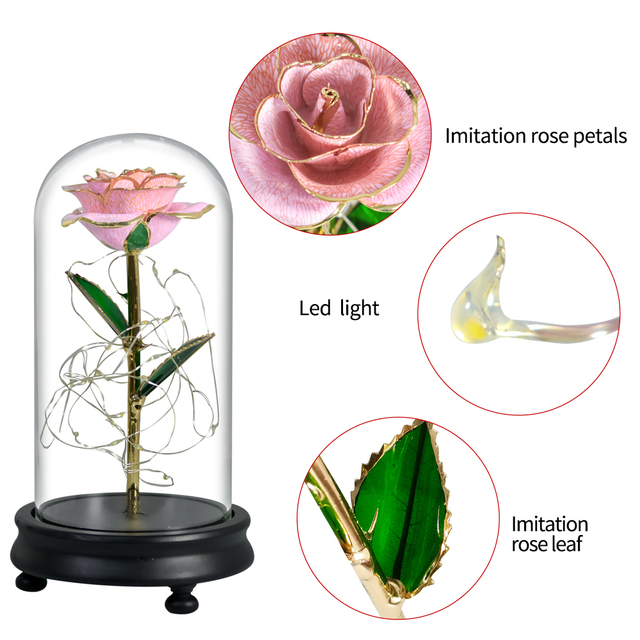 Pozłacany sztuczny kwiat Piękno i Bestia z 24K różą LED w szklanej kopule - prezent na walentynki, ślub, Dzień Matki - Wianko - 4
