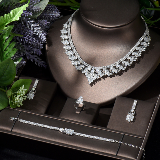 Komplet biżuterii damskiej: naszyjnik i kolczyki - projekt HIBRIDE, cyrkonie CZ, ślub, Dubai, N-117 - Wianko - 3