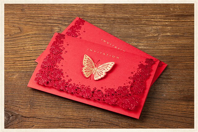 Zaproszenia ślubne w stylu vintage z laserowo wycinanymi motylami, eleganckie i luksusowe, czerwone - Wianko - 5
