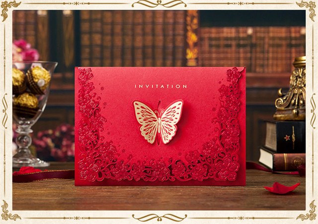 Zaproszenia ślubne w stylu vintage z laserowo wycinanymi motylami, eleganckie i luksusowe, czerwone - Wianko - 1